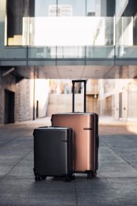 Two suitcases standing in the middle of a walkway